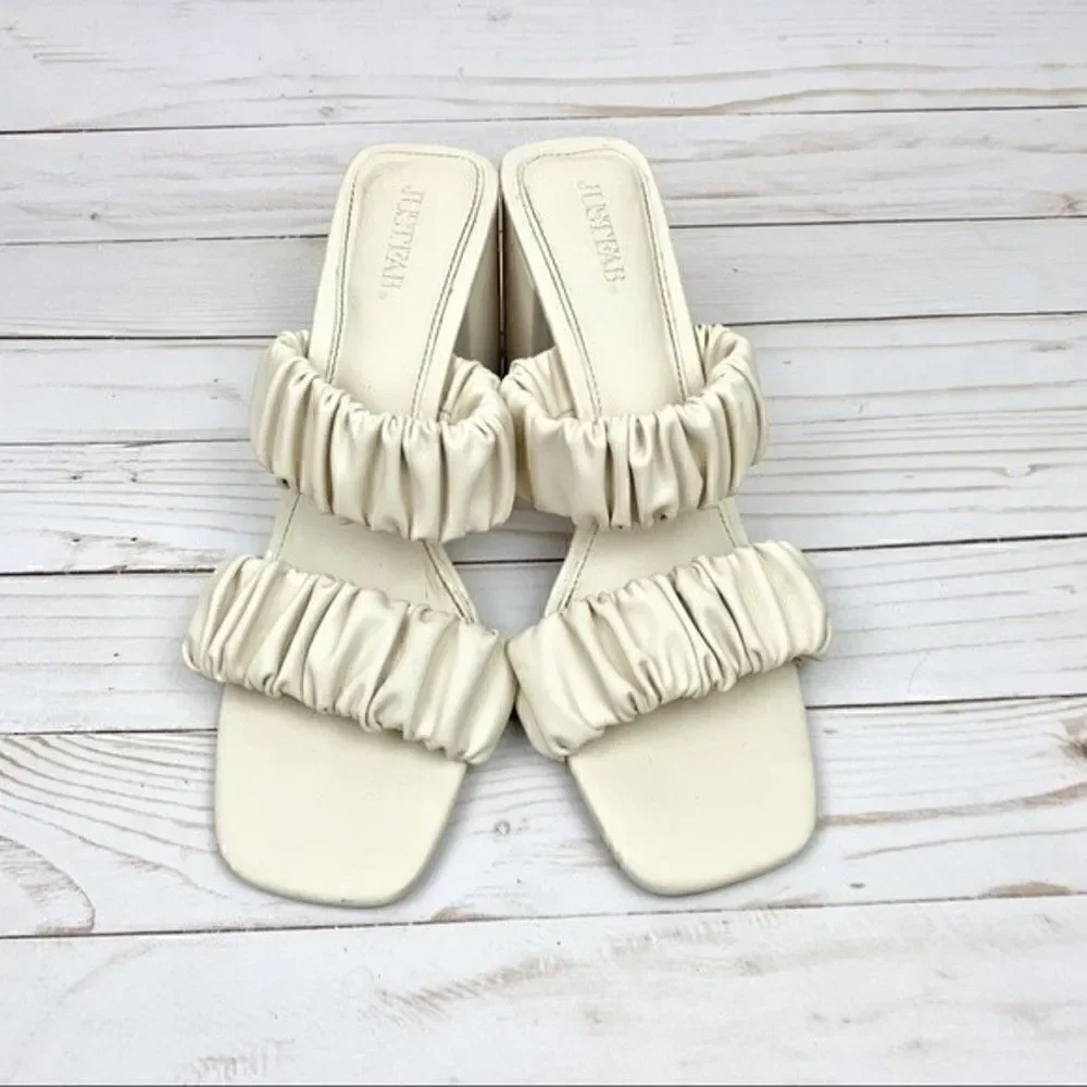 Justfab Gretchen Slip on ￼￼Rushed Slide￼ Sandals Chunky Heel Cream ￼ Size ￼ 8.5